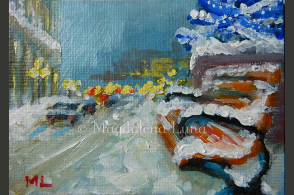 Icy Bench With A Blue Tree Winter Holiday Themed Art By Magdalena